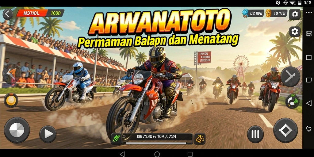 Tampilan aksi seru dalam balapan ARWANATOTO dengan kendaraan yang cepat.