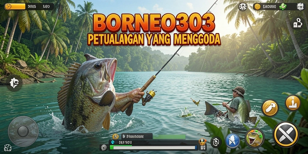 Screenshot menunjukkan pemain menangkap ikan besar di lingkungan yang indah.