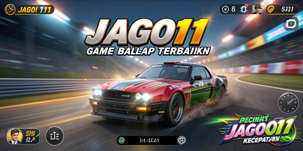 Screenshot gameplay JAGO11 menampilkan balapan seru dengan kendaraan cepat.
