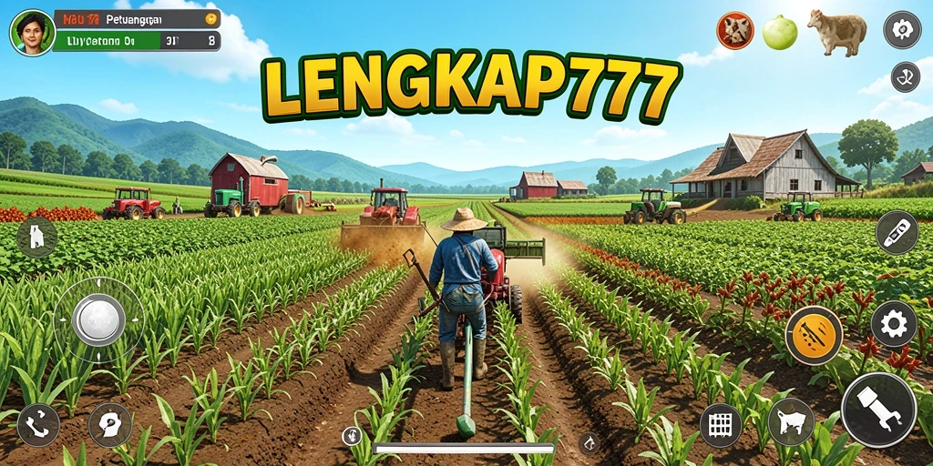 Screenshot menunjukkan gameplay seru dalam LENGKAP777, dengan kebun yang subur dan hewan ternak.