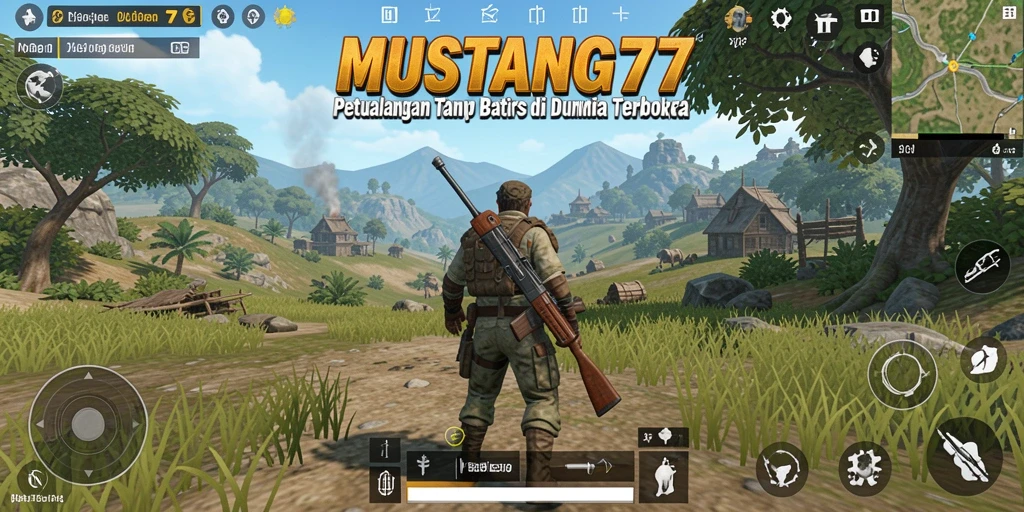 Screenshot gameplay MUSTANG77 menunjukkan aksi petualangan epik di dunia terbuka.