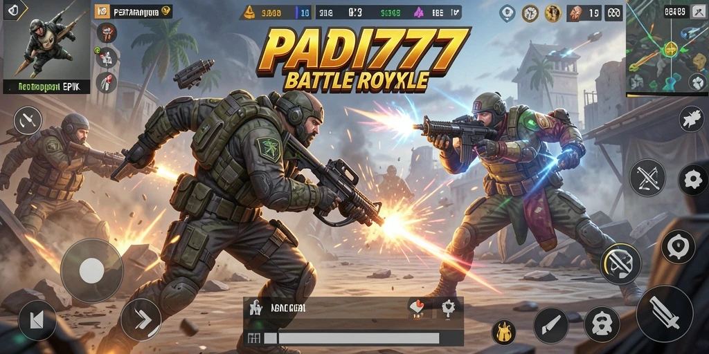 Screenshot utama PADI777 menampilkan aksi seru dalam permainan Battle Royale.