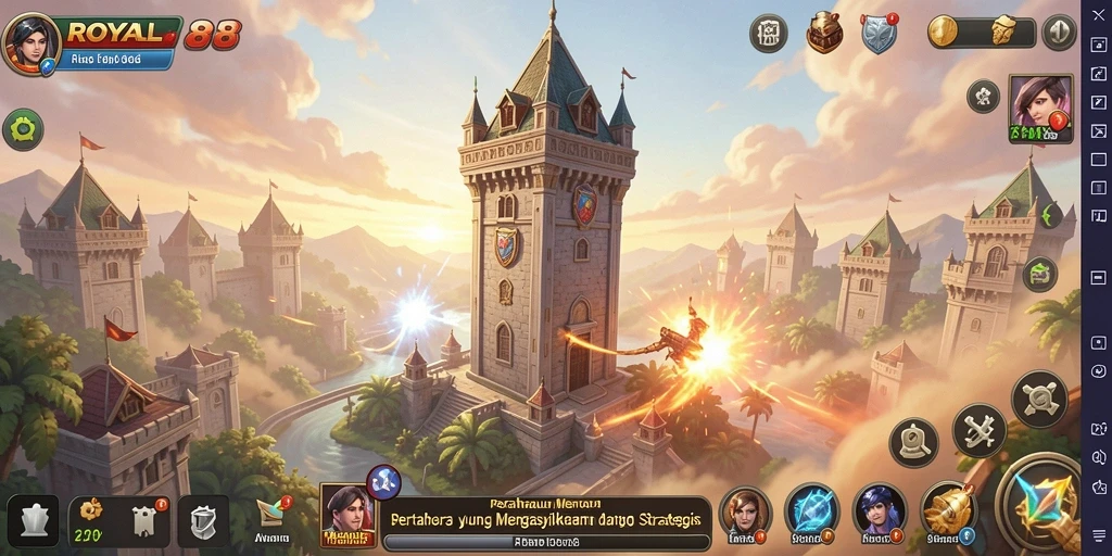 Screenshot gameplay ROYAL88 menampilkan aksi menara bertahan yang intens.