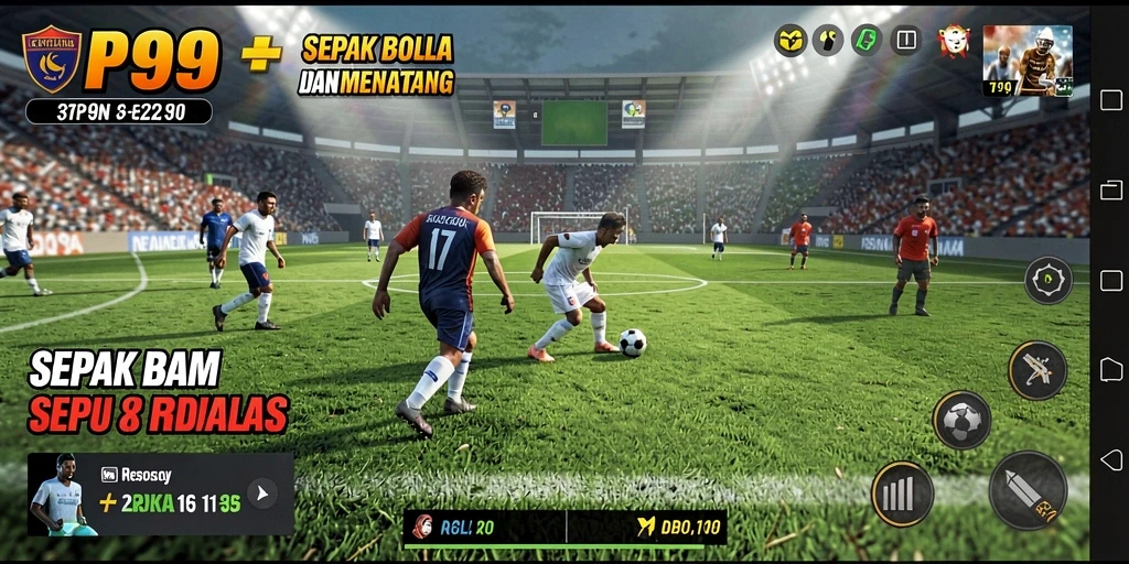Tampilan gameplay RP99 dengan aksi sepak bola yang menegangkan.